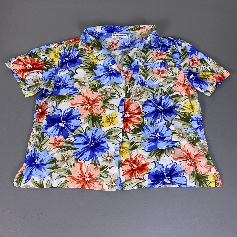 Cathy Daniels Blouse Women's Size 1X Floral Button Up Short Sleeve Blue Orange